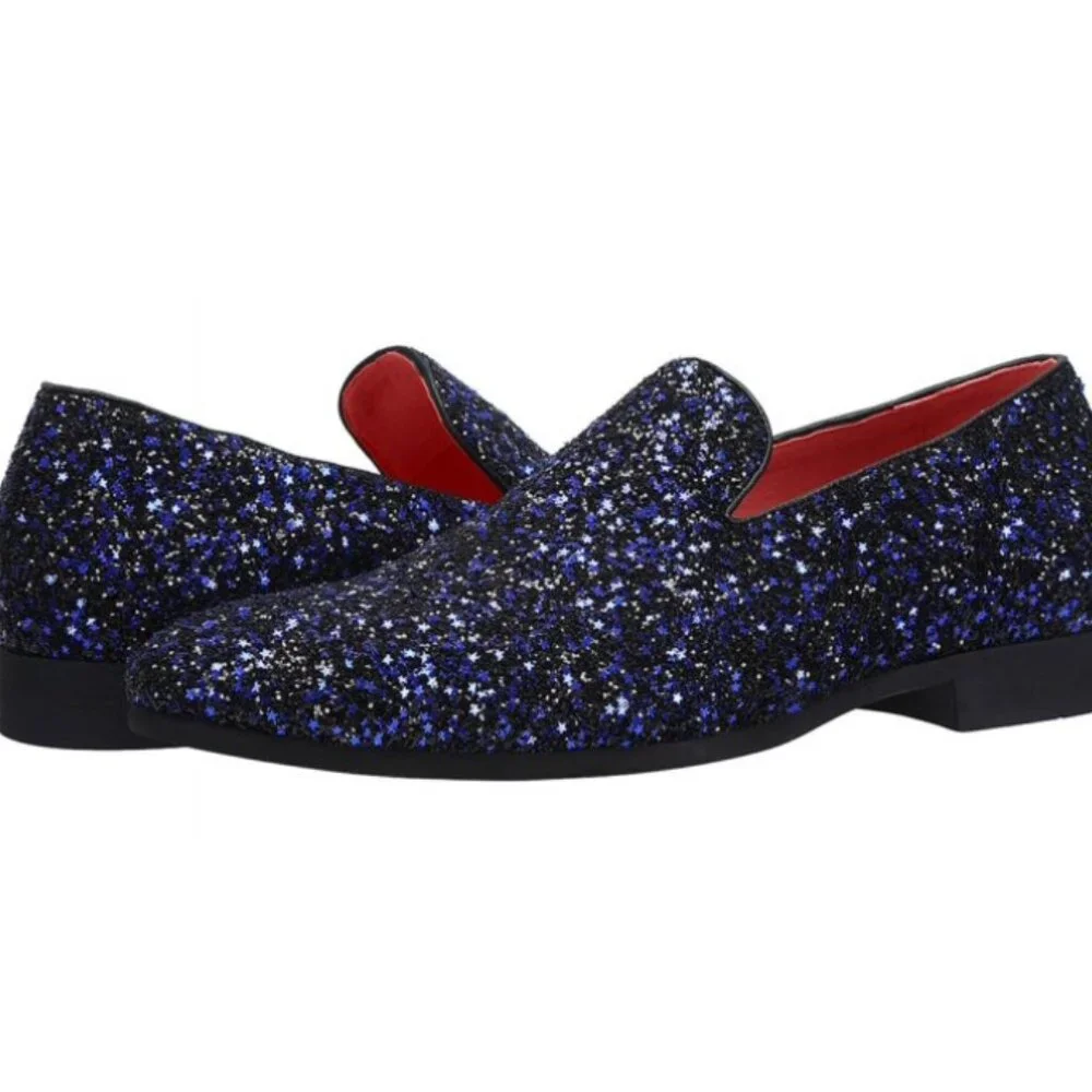 Santimon Men's US 7.5-12 Blue Sequins Glitter Smoking Loafers Casual Shoes  Plea